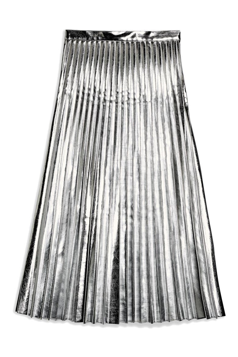 Metallic Pleated Midi Skirt, Alternate, color, SILVER