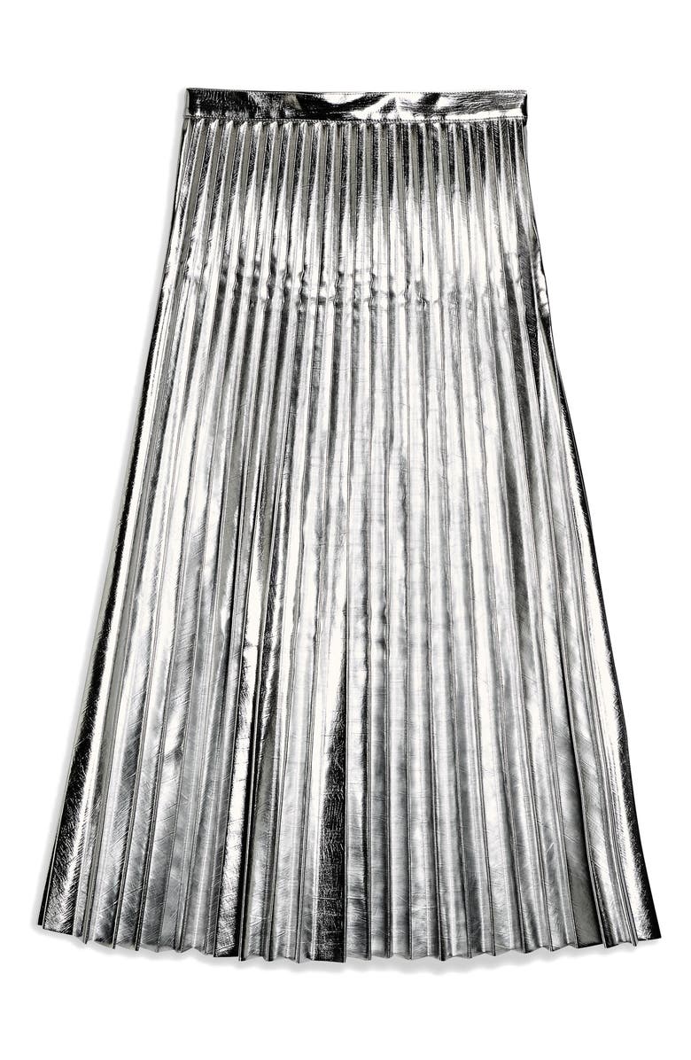 Topshop Metallic Pleated Midi Skirt, Alternate, color, 