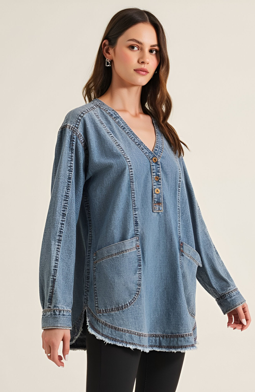 Modenaire Woven Denim Blouse With V-neck Placket And Patch Pockets In Blue