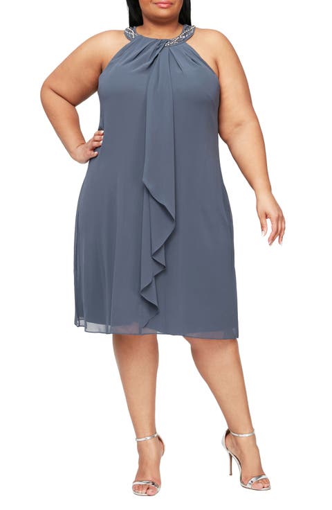 Braid Beaded Neck Chiffon Cascade Ruffle Dress (Plus)