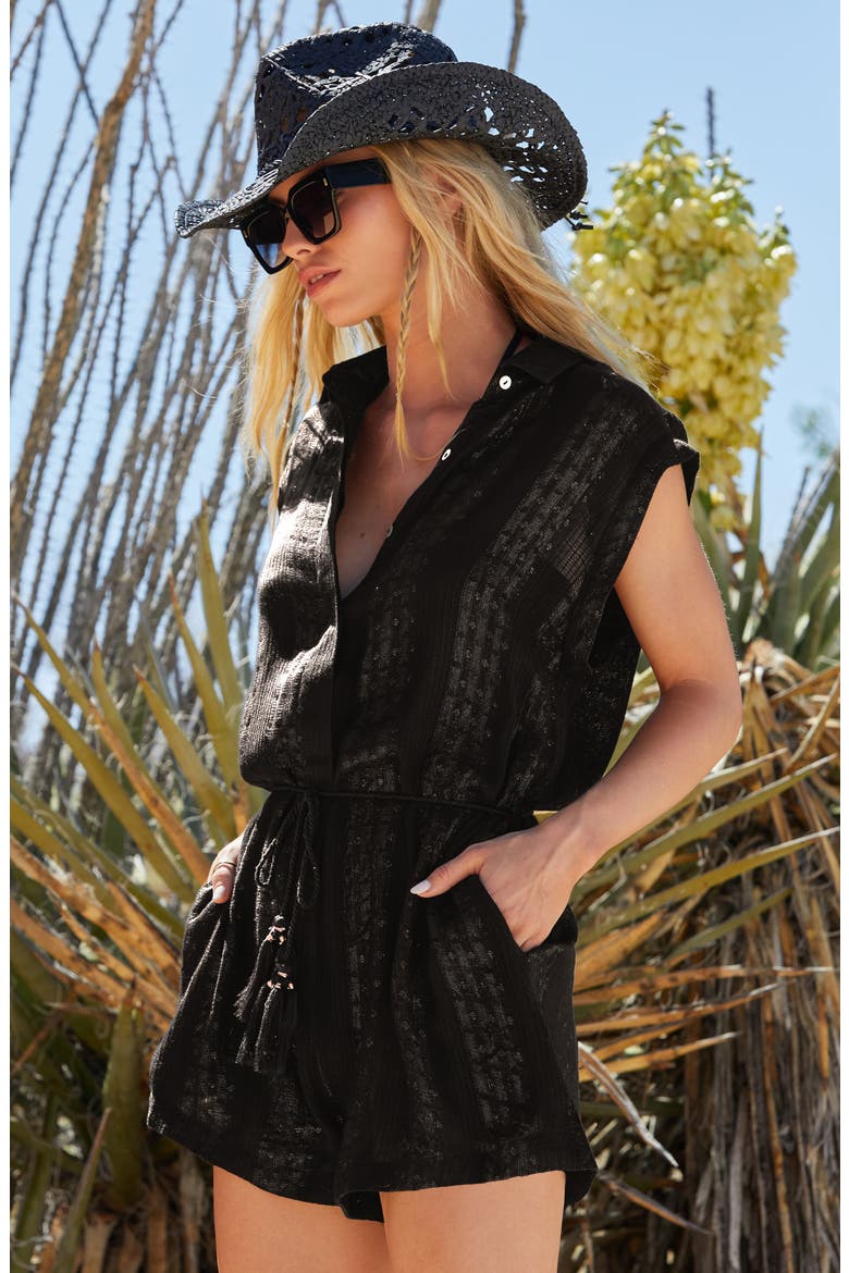 Villa Metallic Cover-Up Romper, Alternate, color, BLACK