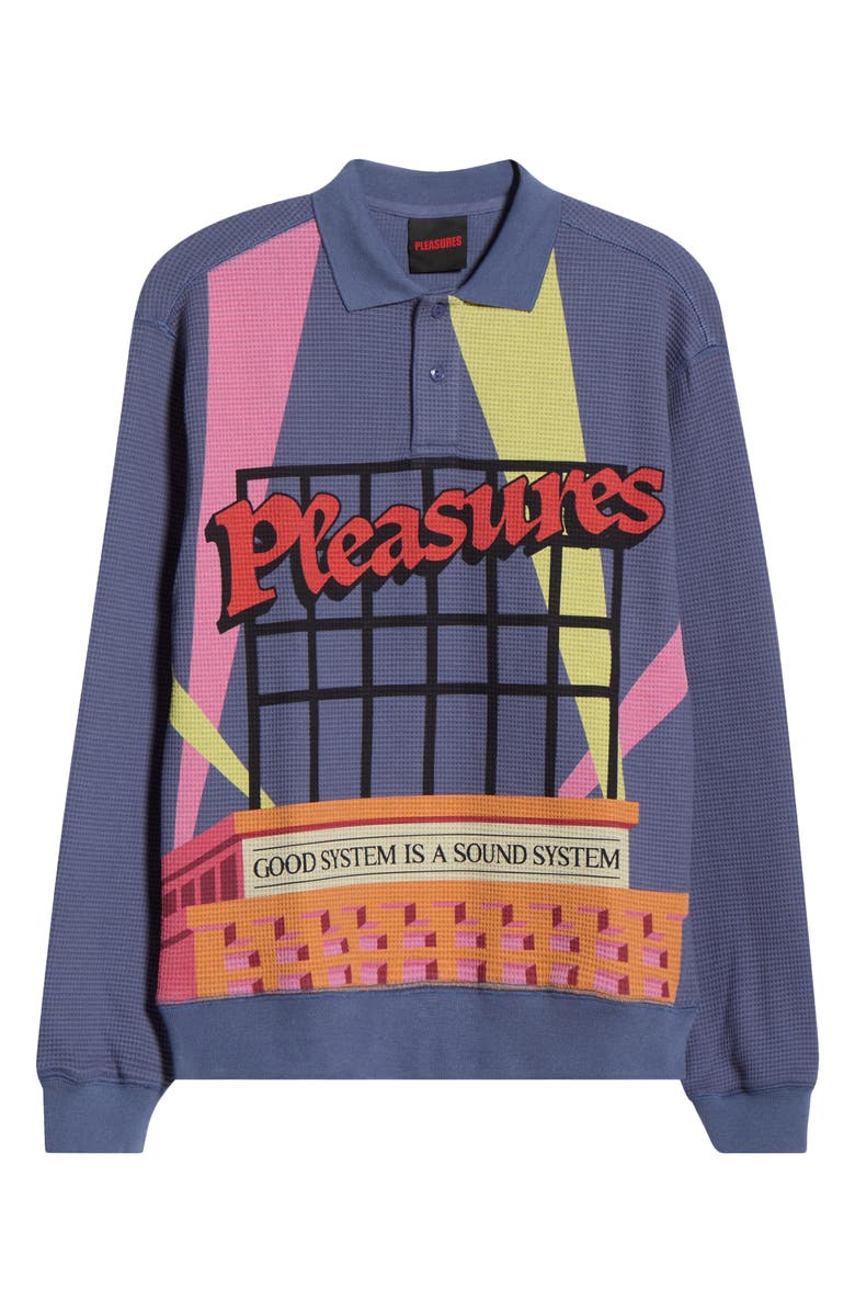 PLEASURES Spotlight Print Long Sleeve Cotton Waffle Knit Polo, Main, color, Navy