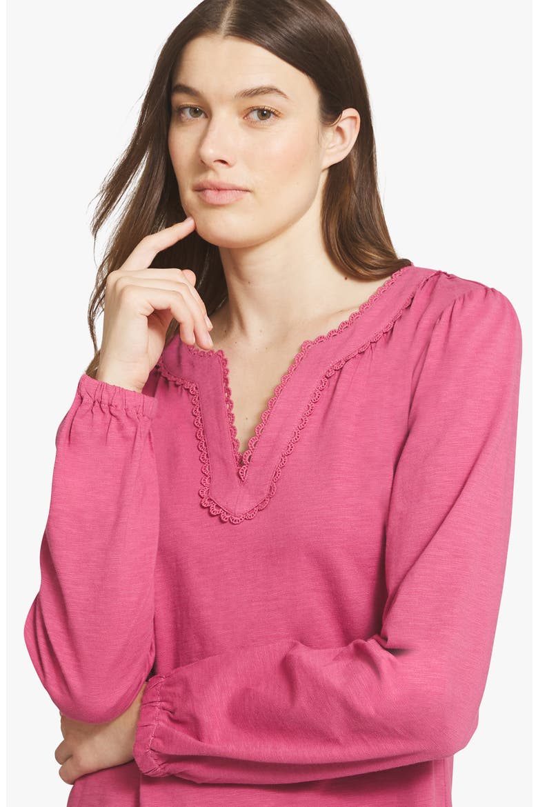 Crochet Trim Split Neck Cotton Top, Alternate, color, ROSE WINE