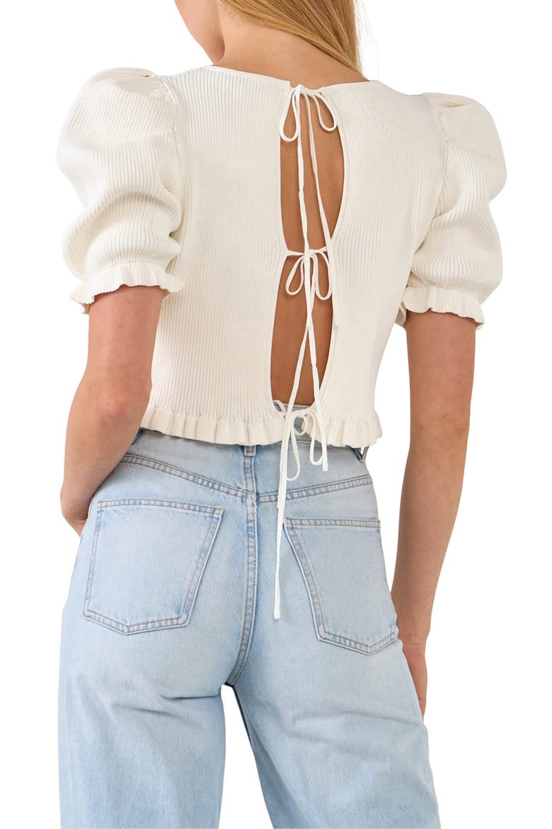 Puff Sleeve Open Back Knit Top, Alternate, color, WHITE