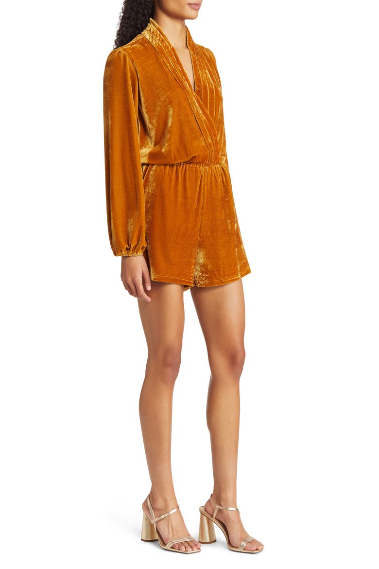 Nama Surplice V-Neck Bracelet-Sleeve Velvet Romper, Alternate, color, GOLDEN OCHRE