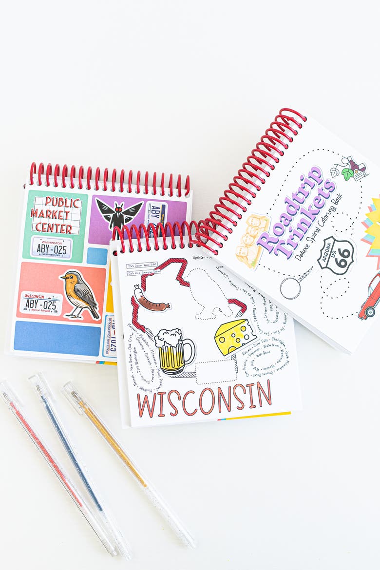 Roadtrip Trinkets Spiral Bound Adult Coloring + Sticker Book, Alternate, color, Multicolor