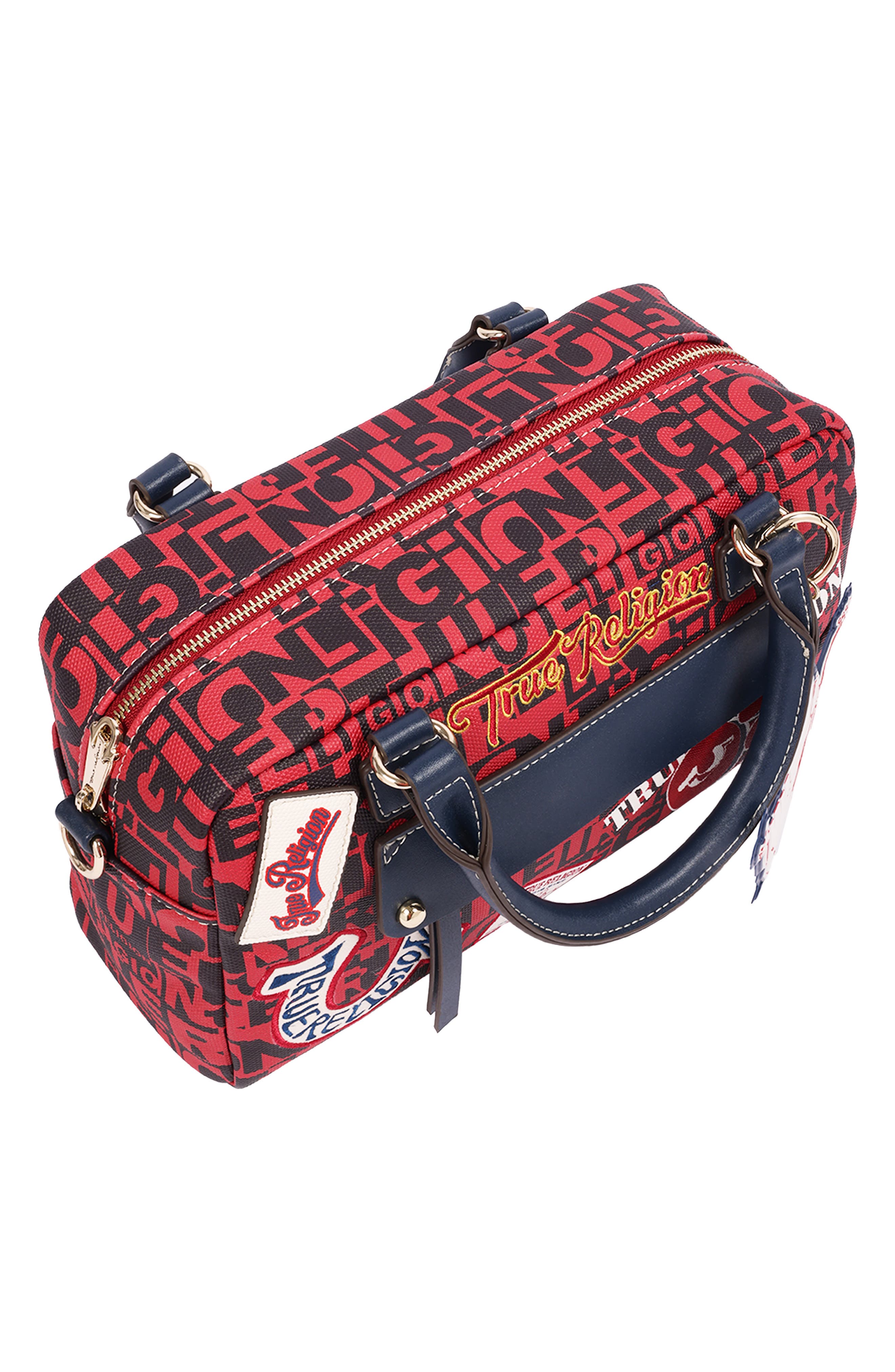 Multi Patch Graphic Faux Leather Satchel, Alternate, color, RED