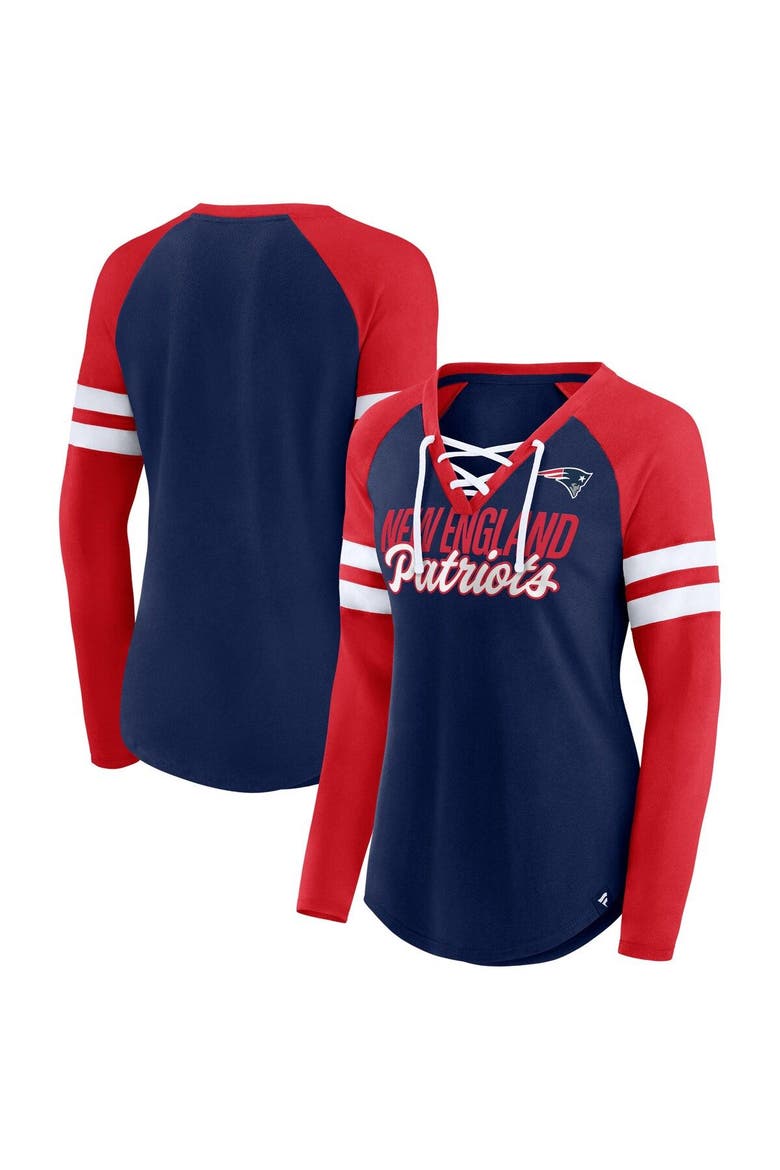 Women's Fanatics Branded Navy/Red New England Patriots Plus Size True to Form Lace-Up V-Neck Raglan Long Sleeve T-Shirt, Main, color, Navy
