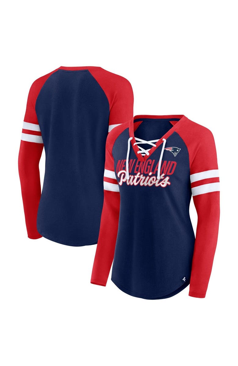 FANATICS Women's Fanatics Branded Navy/Red New England Patriots Plus Size True to Form Lace-Up V-Neck Raglan Long Sleeve T-Shirt, Main, color, 