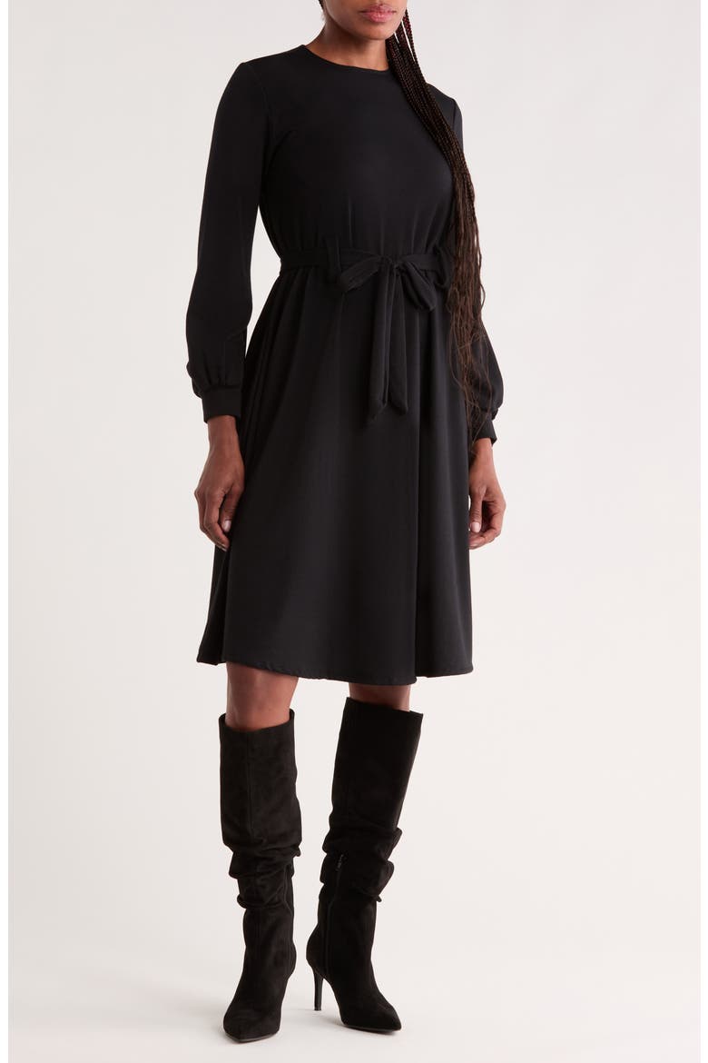Long Sleeve Tie Waist Dress, Main, color, BLACK