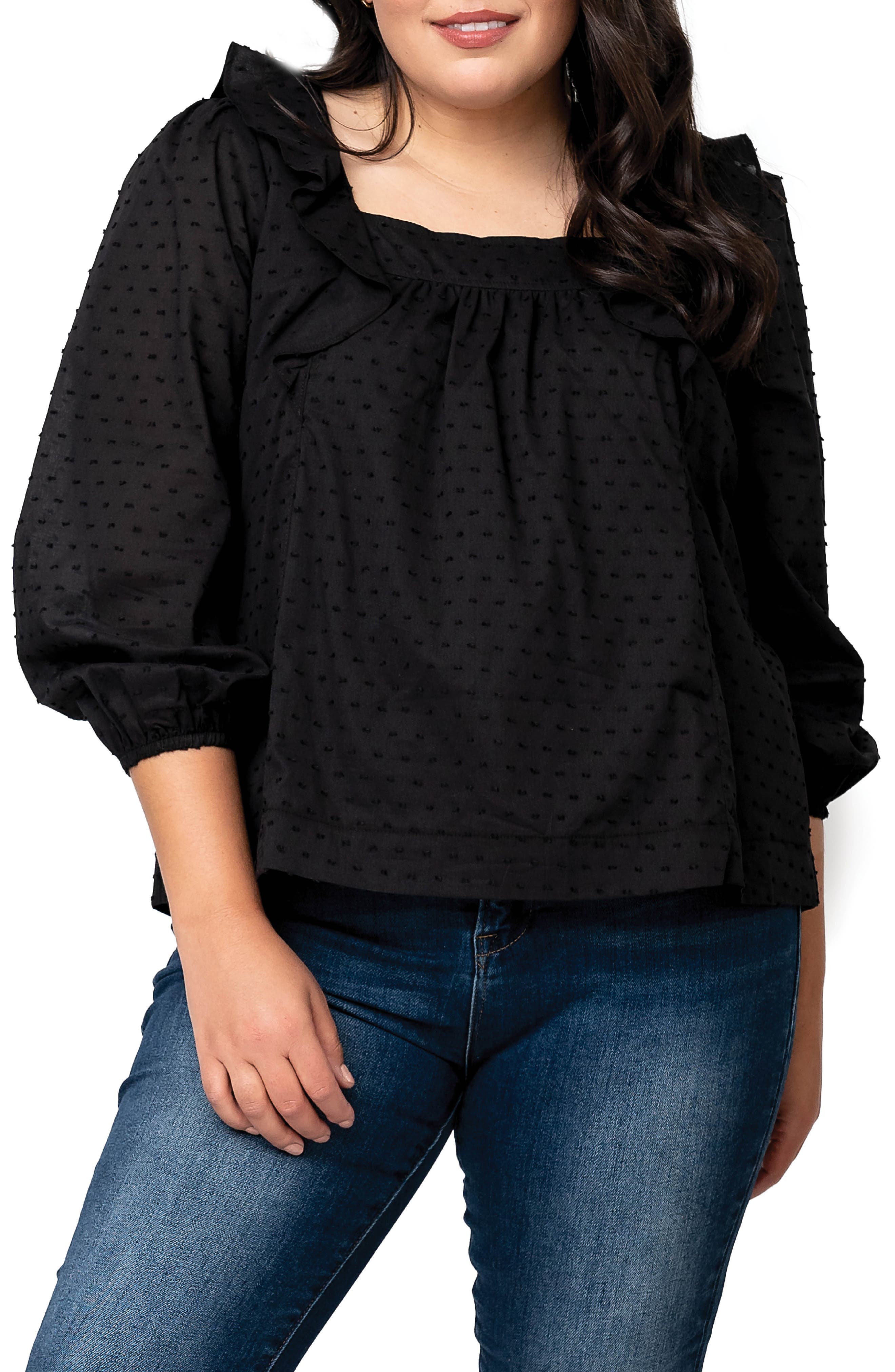 GIBSONLOOK Square Ruffle Neck Long Puff Sleeve Pin Dot Blouse