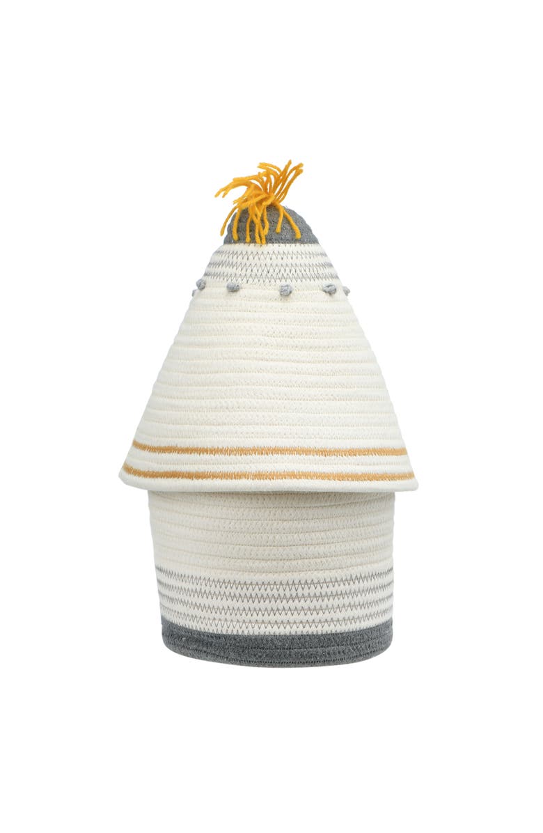 Storied Home Basket with Lid and Embroidery, Main, color, Grey