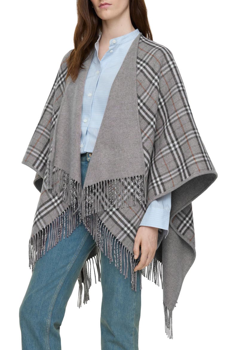 Check Wool Reversible Cape, Alternate, color, GREY