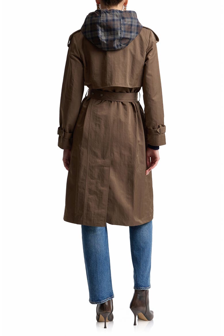 Crinkled Nylon Trench Coat with Hooded Bib Inset, Alternate, color, MOSS PLAID