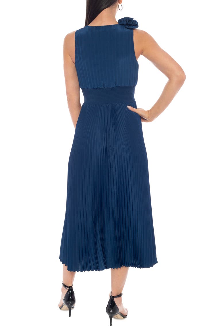 Rosette Pleated A-Line Midi Dress, Alternate, color, NAVY