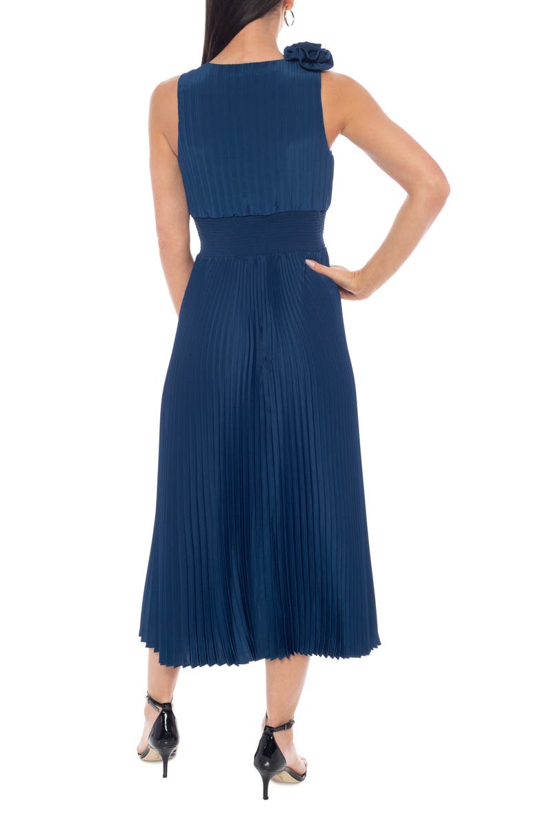 Oleg Cassini Rosette Pleated A-Line Midi Dress, Alternate, color, Navy