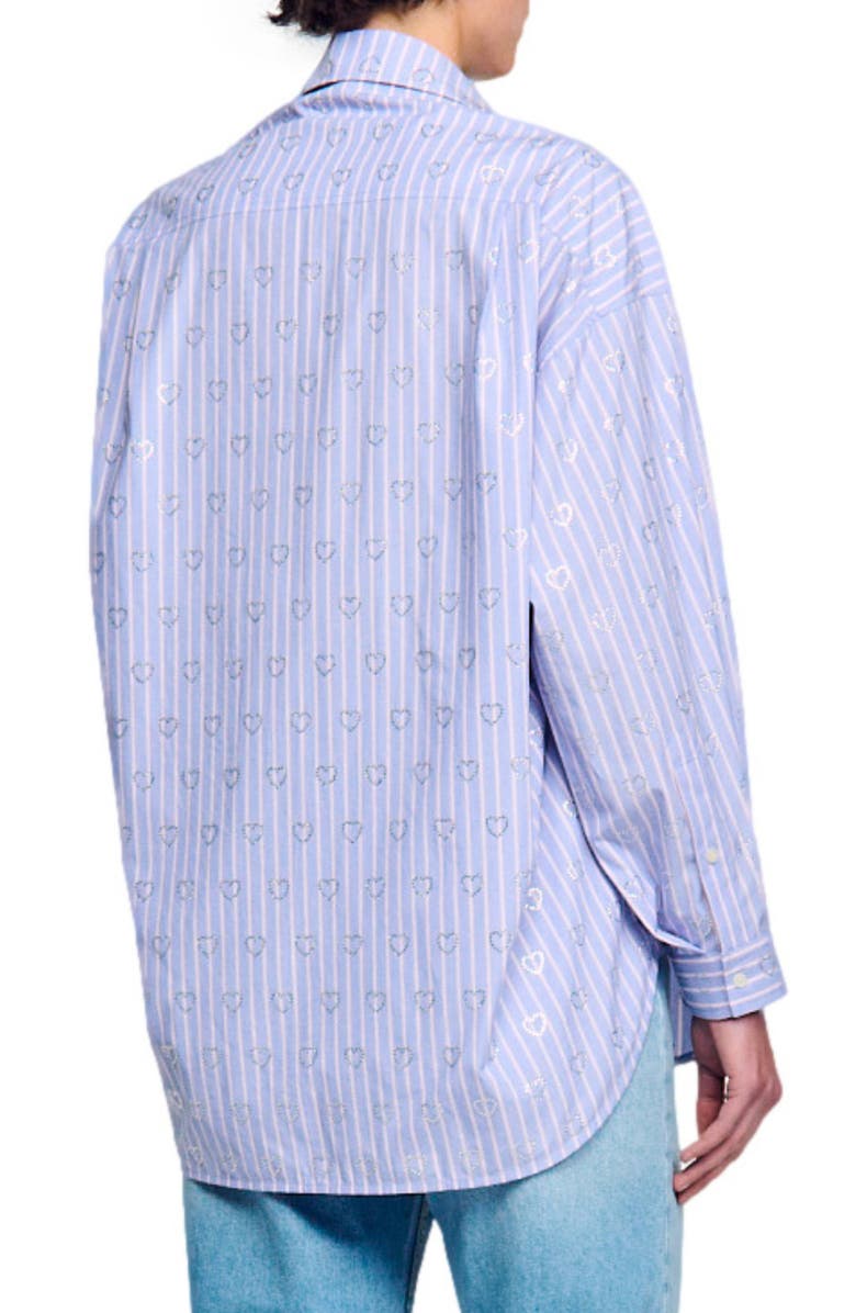 SANDRO Valentine Stripe Rhinestone Heart Cotton Button-Up Shirt, Alternate, color, 
