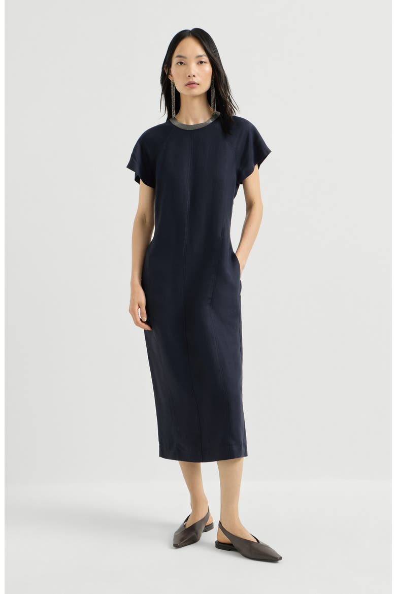 Viscose and linen fluid twill dress with precious collar, Main, color, Blue