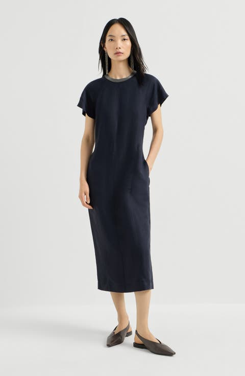 Viscose and linen fluid twill dress with precious collar