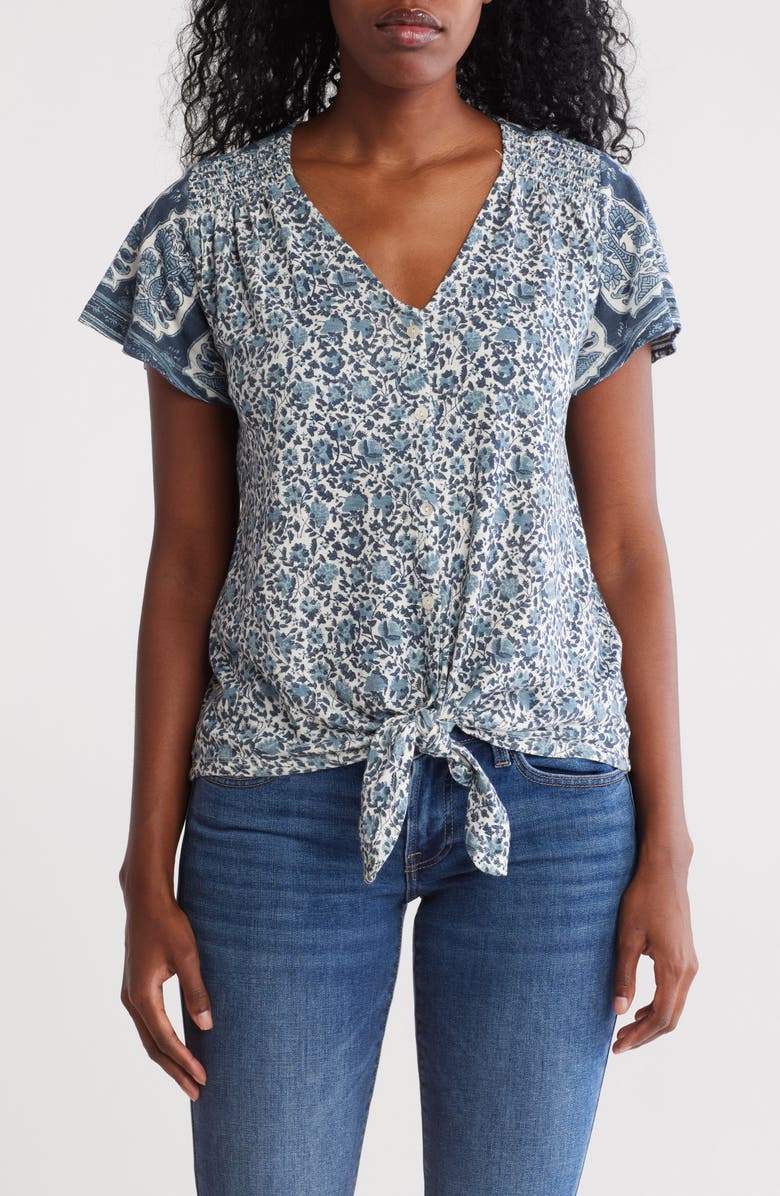 Lucky Brand Patterned Tie Front T-Shirt, Main, color, Blue Multi