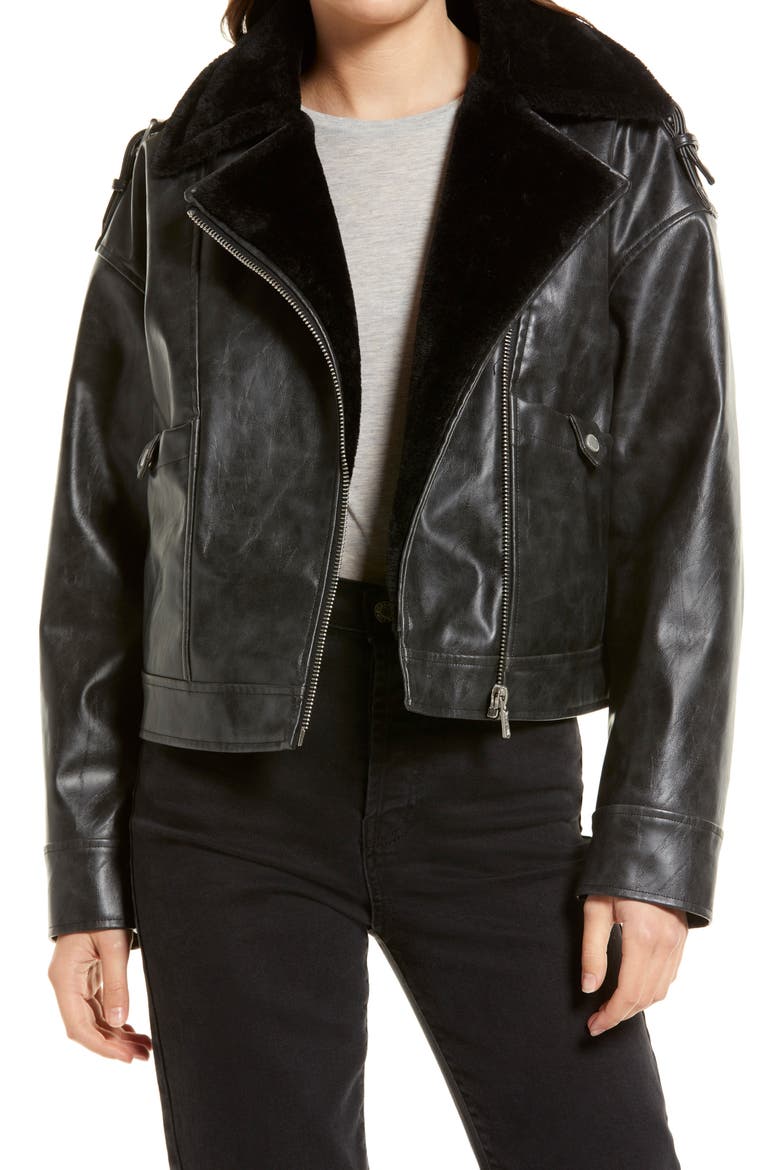 Faux Shearling Moto Jacket, Main, color, BLACK