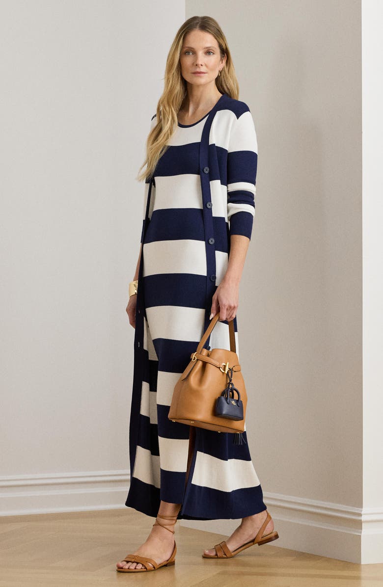Lauren Ralph Lauren Stripe Longline Cotton Blend Cardigan, Alternate, color, Refined Navy Blue/ White