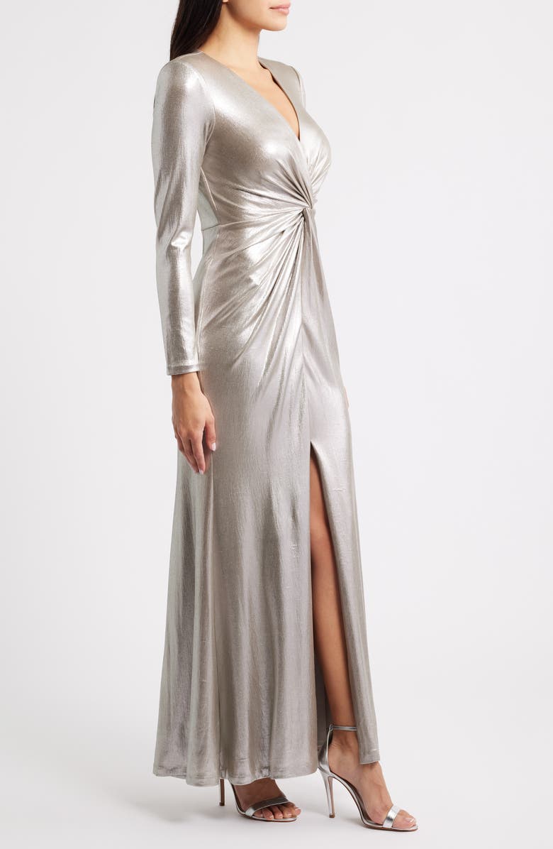 Eliza J Metallic Twist Waist Long Sleeve Gown, Alternate, color, Metallic Taupe