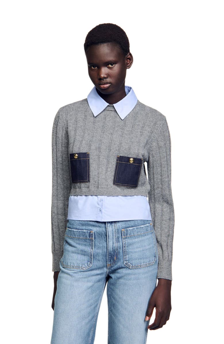 SANDRO Cropped wool and cashmere sweater, Alternate, color, Grey