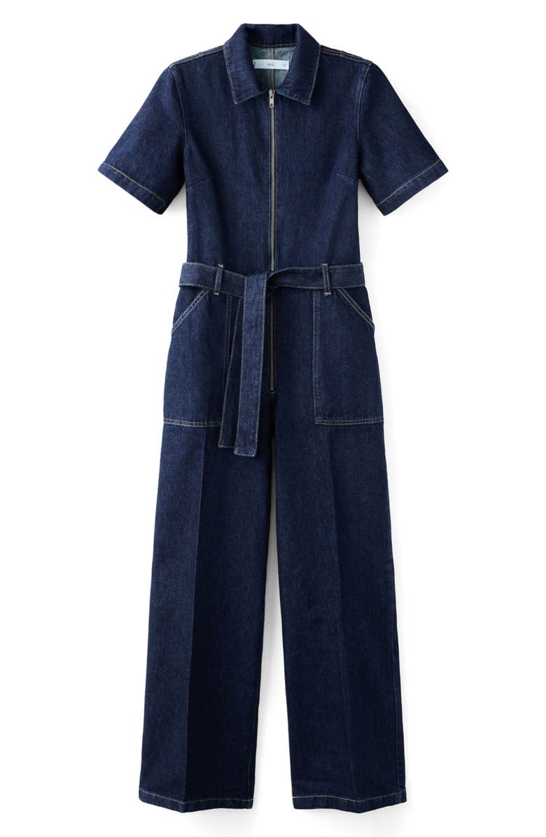 MANGO Belted Denim Jumpsuit, Alternate, color, Open Blue