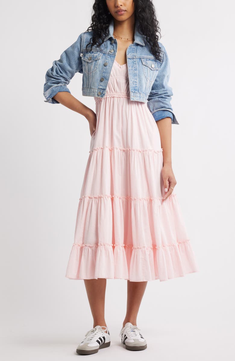 BP. Ruffle Tiered Cotton Midi Dress, Alternate, color, Pink Balm