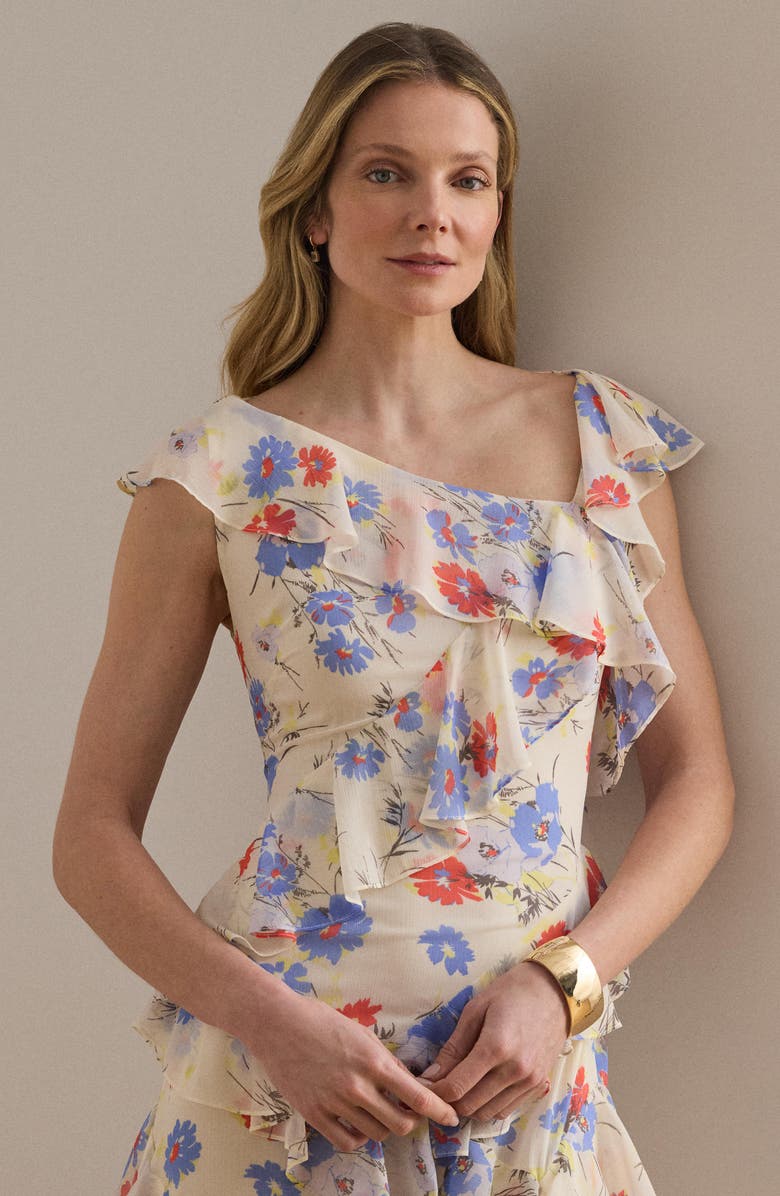 Lauren Ralph Lauren Floral Ruffle Detail Georgette Gown, Alternate, color, Creamy White/ Multi