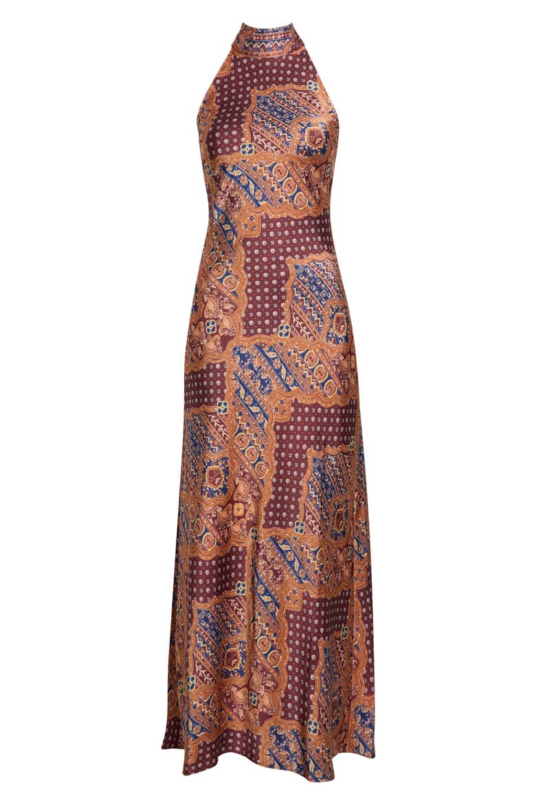 Scarf Print Halter Neck Satin Maxi Dress, Alternate, color, COGNAC MEDALLION SCA
