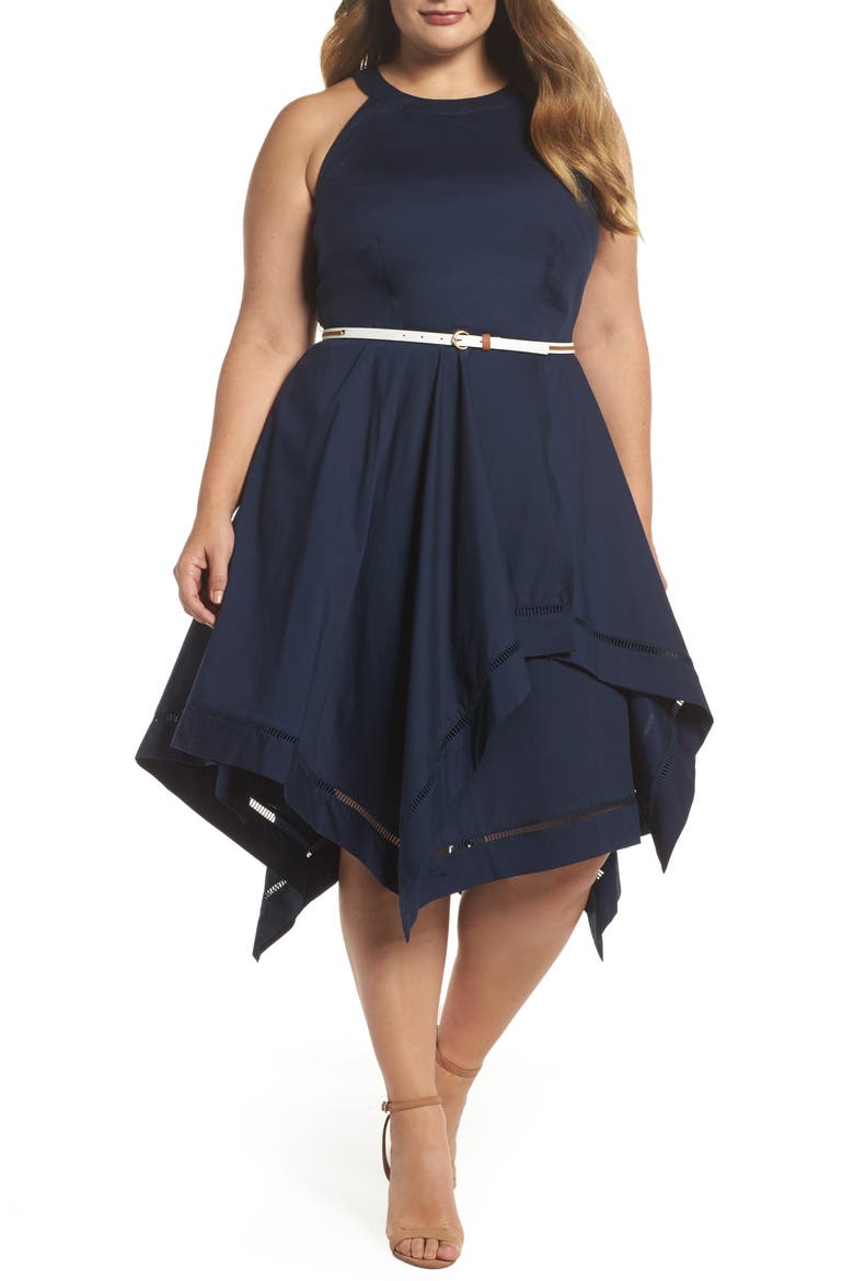 Handkerchief Hem Fit & Flare Dress, Main, color, NAVY
