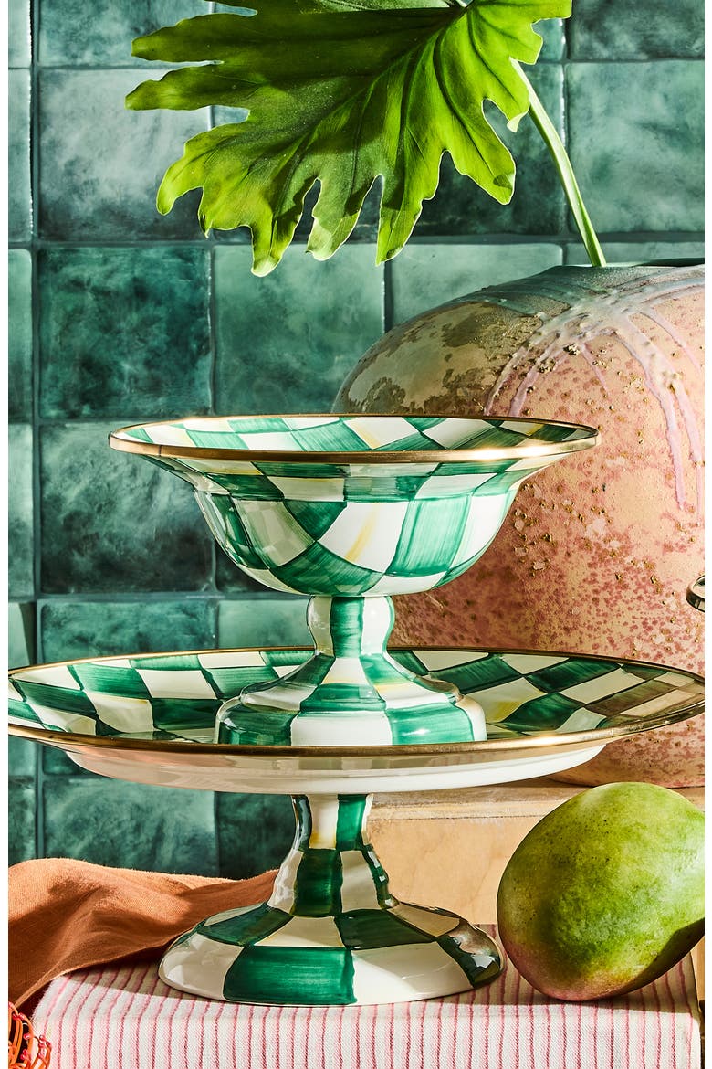 Emerald Check Large Compote Bowl, Alternate, color, EMERALD