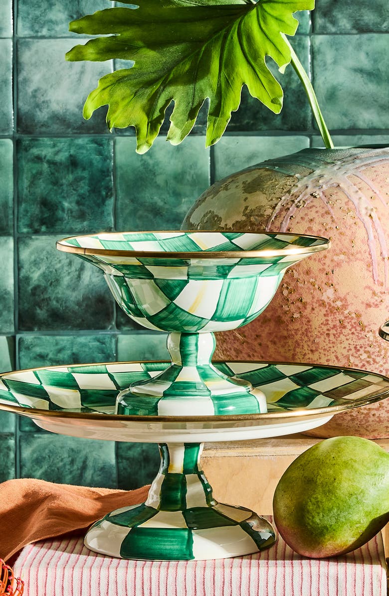 MACKENZIE CHILDS Emerald Check Large Compote Bowl, Alternate, color, Emerald