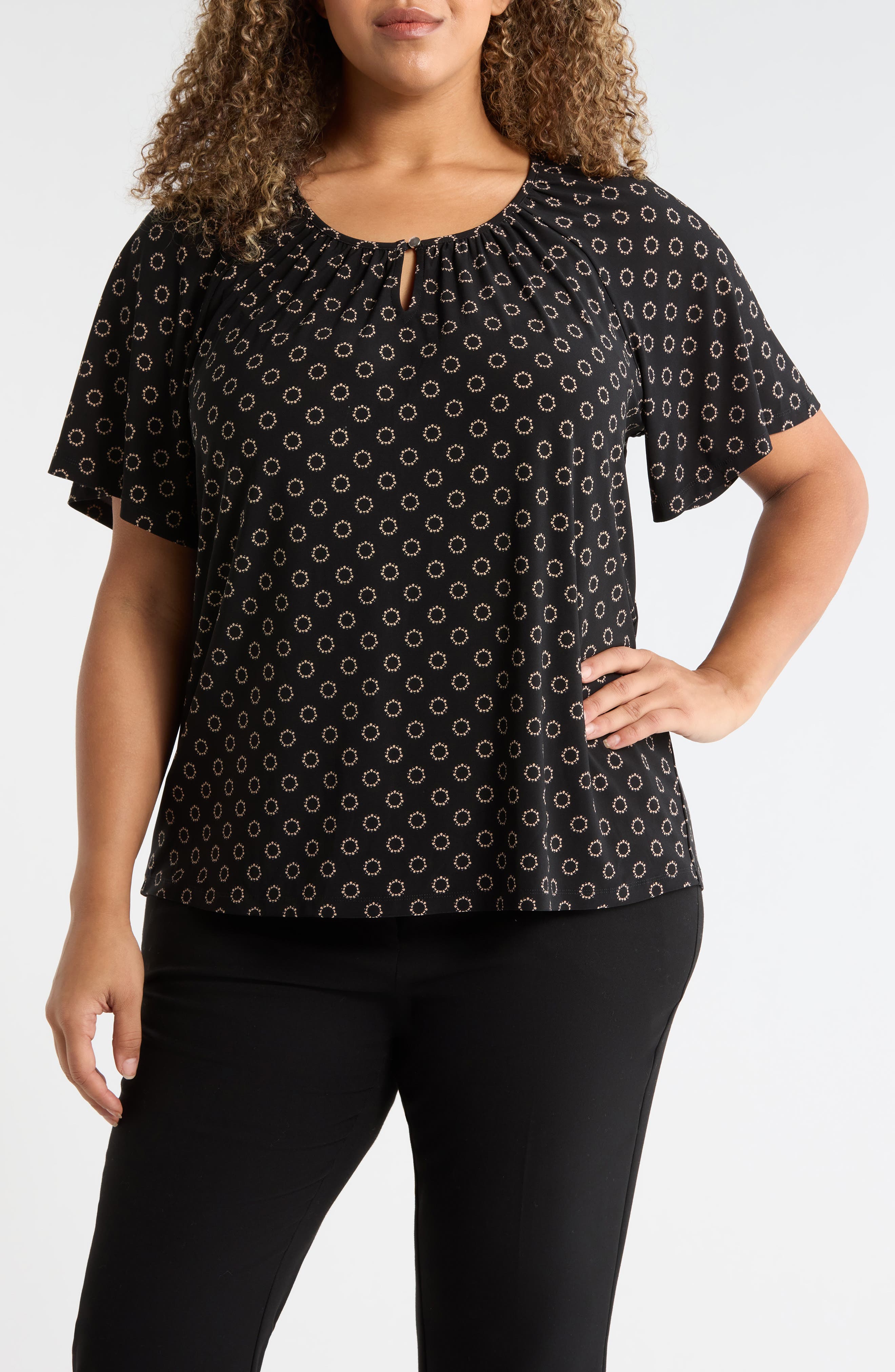Circle Print Keyhole Peasant Top
