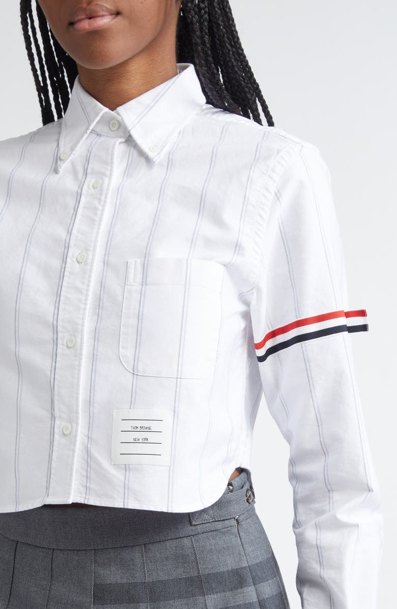 Thom Browne Armband Stripe Cotton Poplin Crop Button-Down Shirt, Alternate, color, White