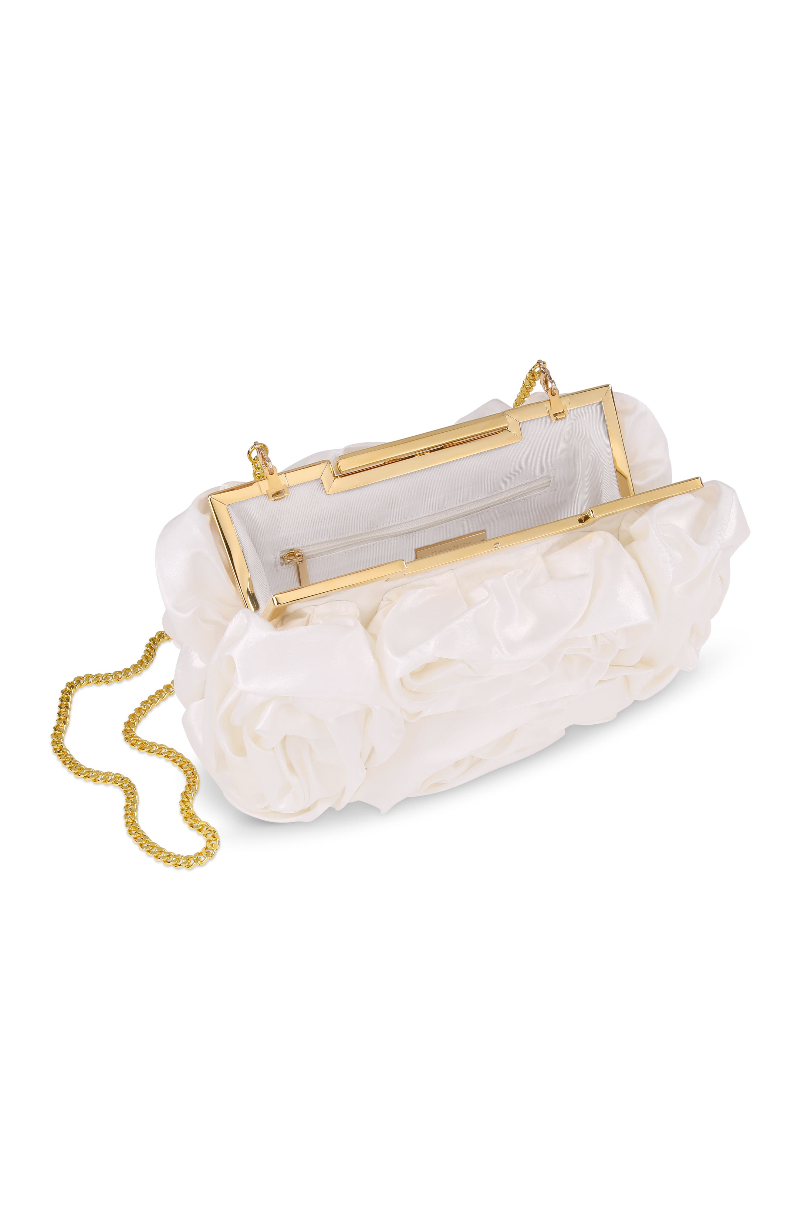 Jett Silk Satin Rosette Clutch, Alternate, color, Ivory