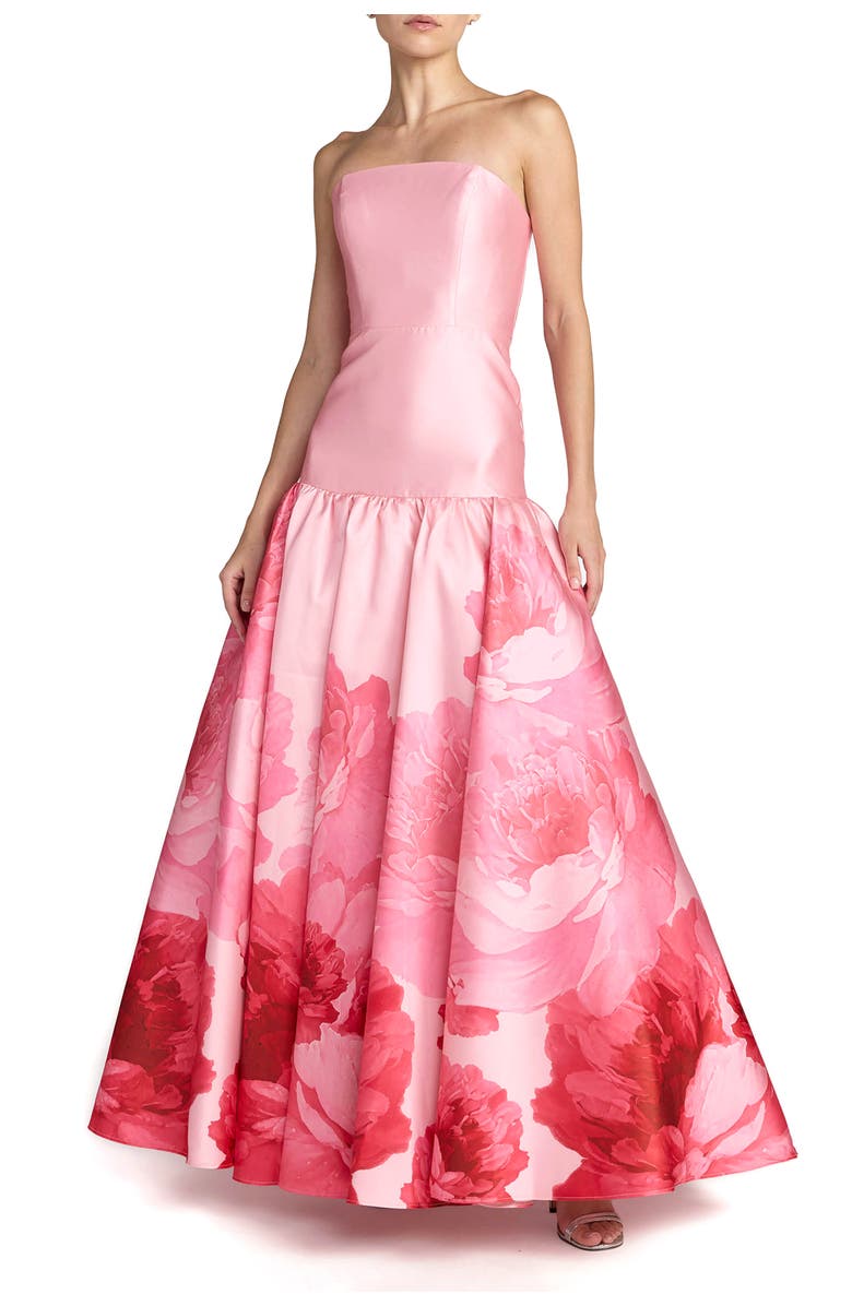 Mac Duggal Printed Mikado Strapless Drop Waist Ballgown, Main, color, Blush Multi