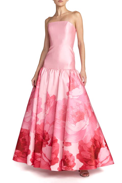 Printed Mikado Strapless Drop Waist Ballgown