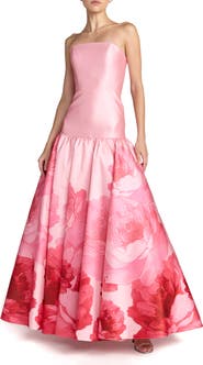 Mac Duggal Printed Mikado Strapless Drop Waist Ballgown