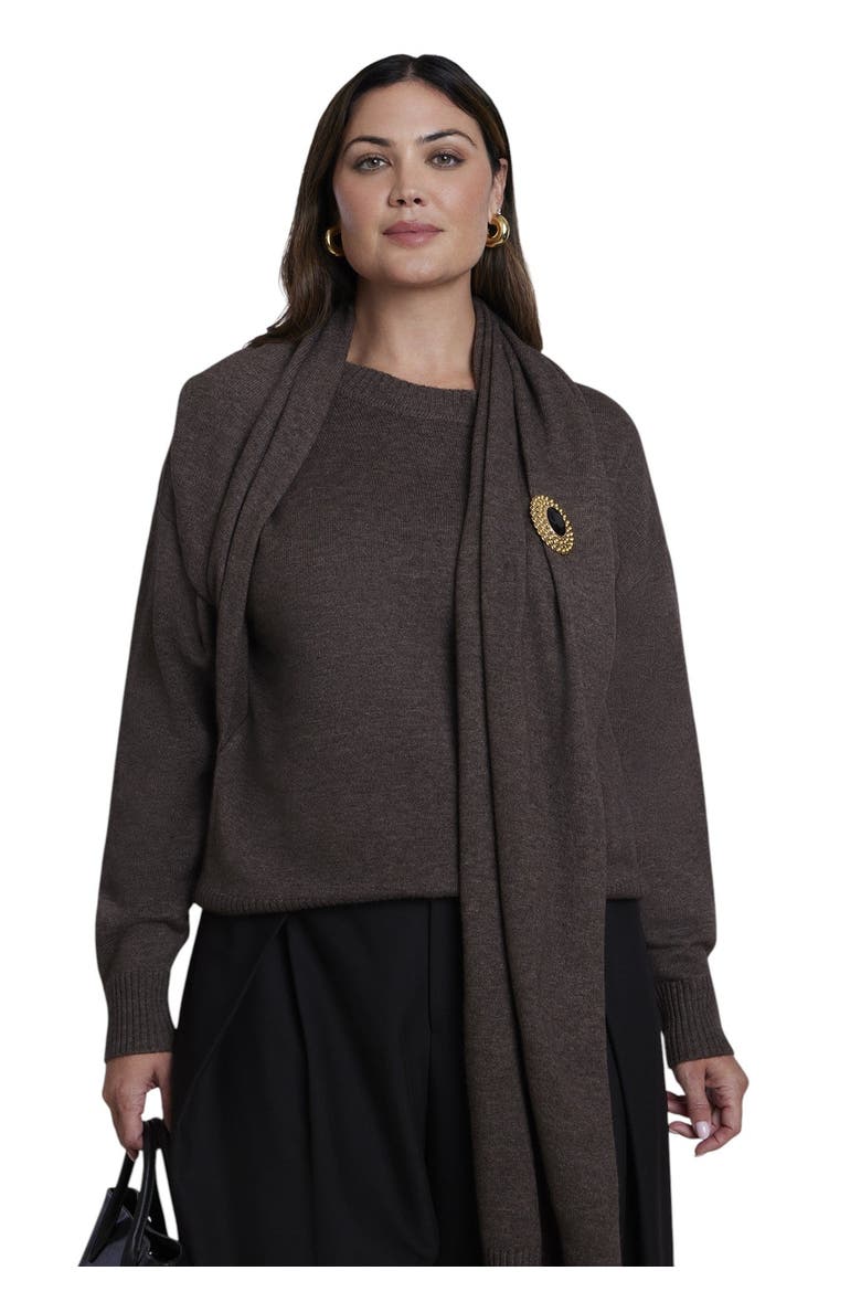 Brooch Detail Scarf Sweater (plus), Main, color, HEATHER MOCHA
