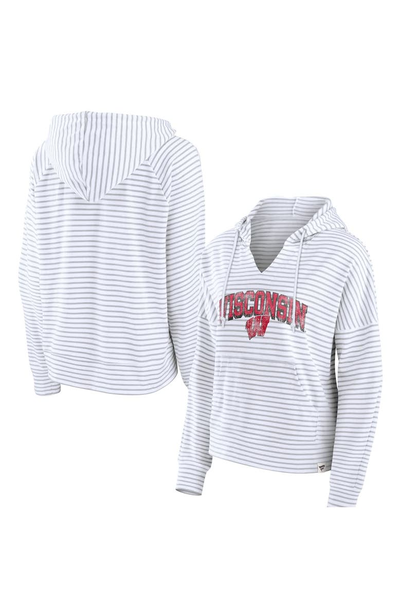 FANATICS Women's Fanatics Branded  White Wisconsin Badgers Striped Notch Neck Pullover Hoodie, Main, color, 