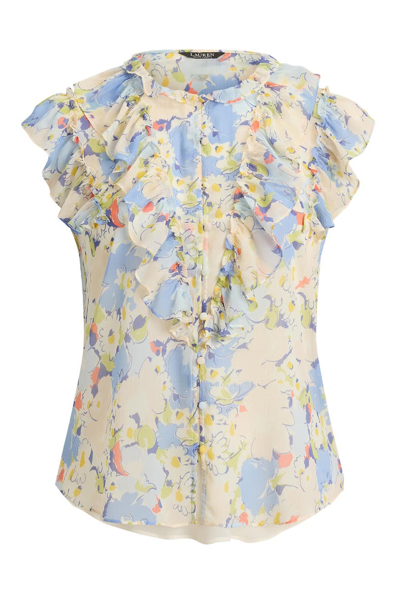 Floral Print Ruffle Trim Button-Up Top, Alternate, color, BLUE/ MULTI