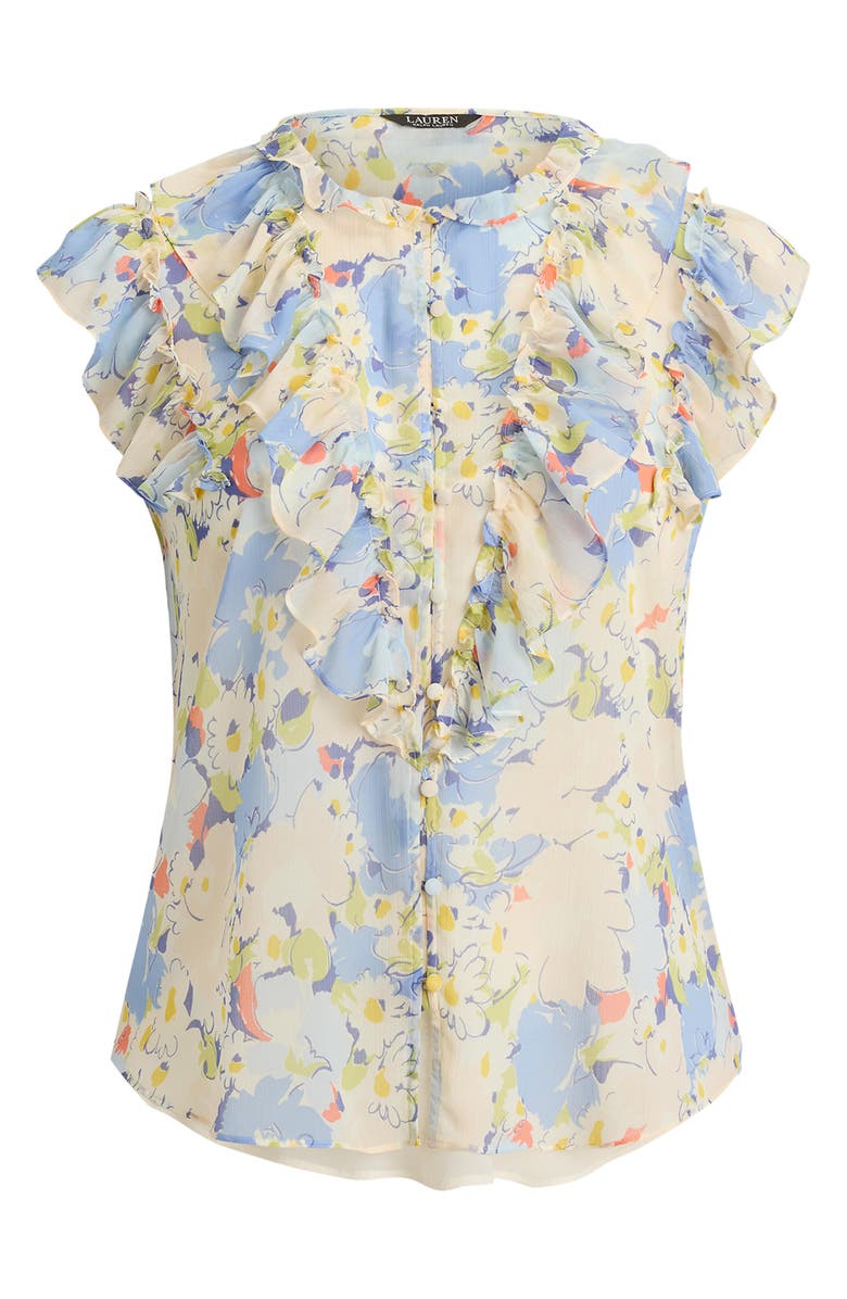 Lauren Ralph Lauren Floral Print Ruffle Trim Button-Up Top, Alternate, color, Blue/ Multi