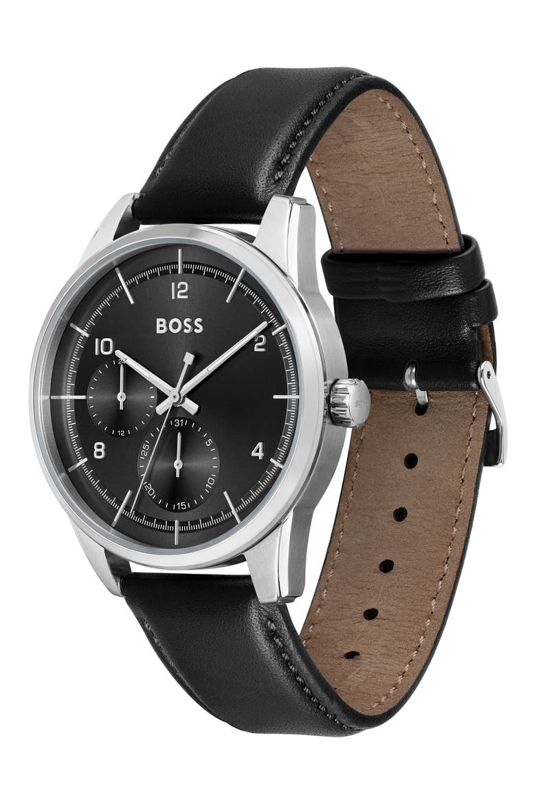 Sophio Multifunction Leather Strap Watch, 42mm, Alternate, color, BLACK DIAL