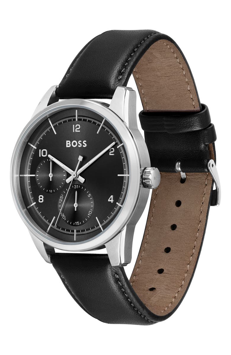 BOSS Sophio Multifunction Leather Strap Watch, 42mm, Alternate, color, Black Dial