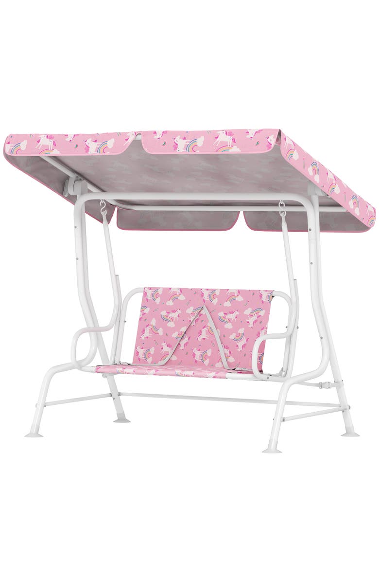 Qaba 2-Seater Kids Porch Swing with Safety Belts and Adjustable Canopy, Main, color, Pink