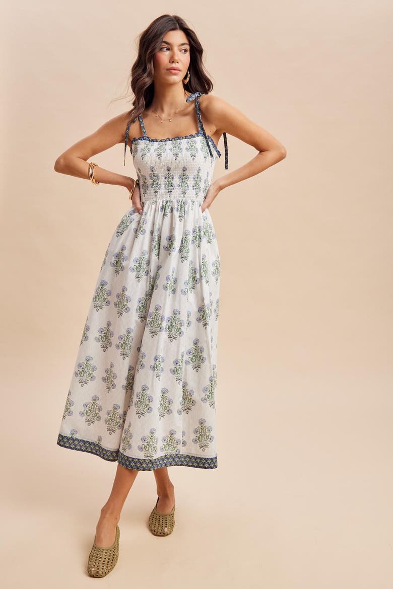White Floral Smocked Shoulder Tie Maxi Dress, Alternate, color, White