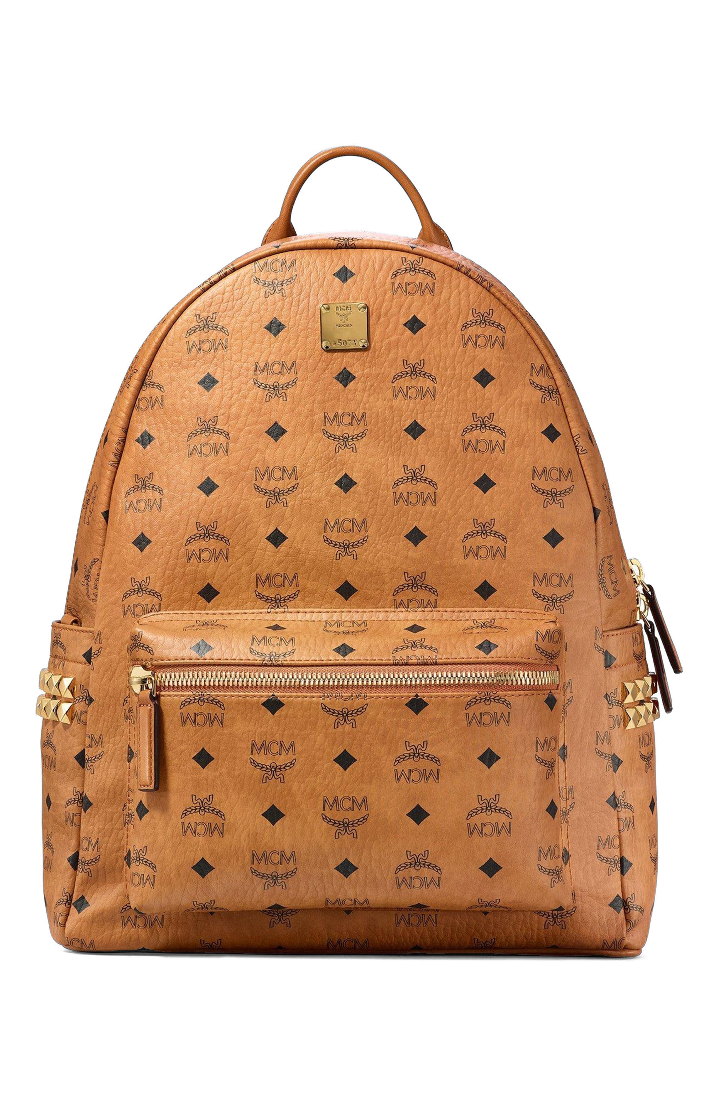 MCM Stark Side Studs Backpack in Visetos, Alternate, color, Cognac